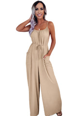 Apricot Spaghetti Straps Waist Tie Wide Leg Jumpsuit with Pockets Bottoms JT's Designer Fashion