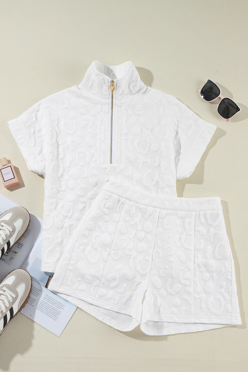 White Leopard Jacquard Quarter Zip Tee and Shorts Set Short Sets JT's Designer Fashion