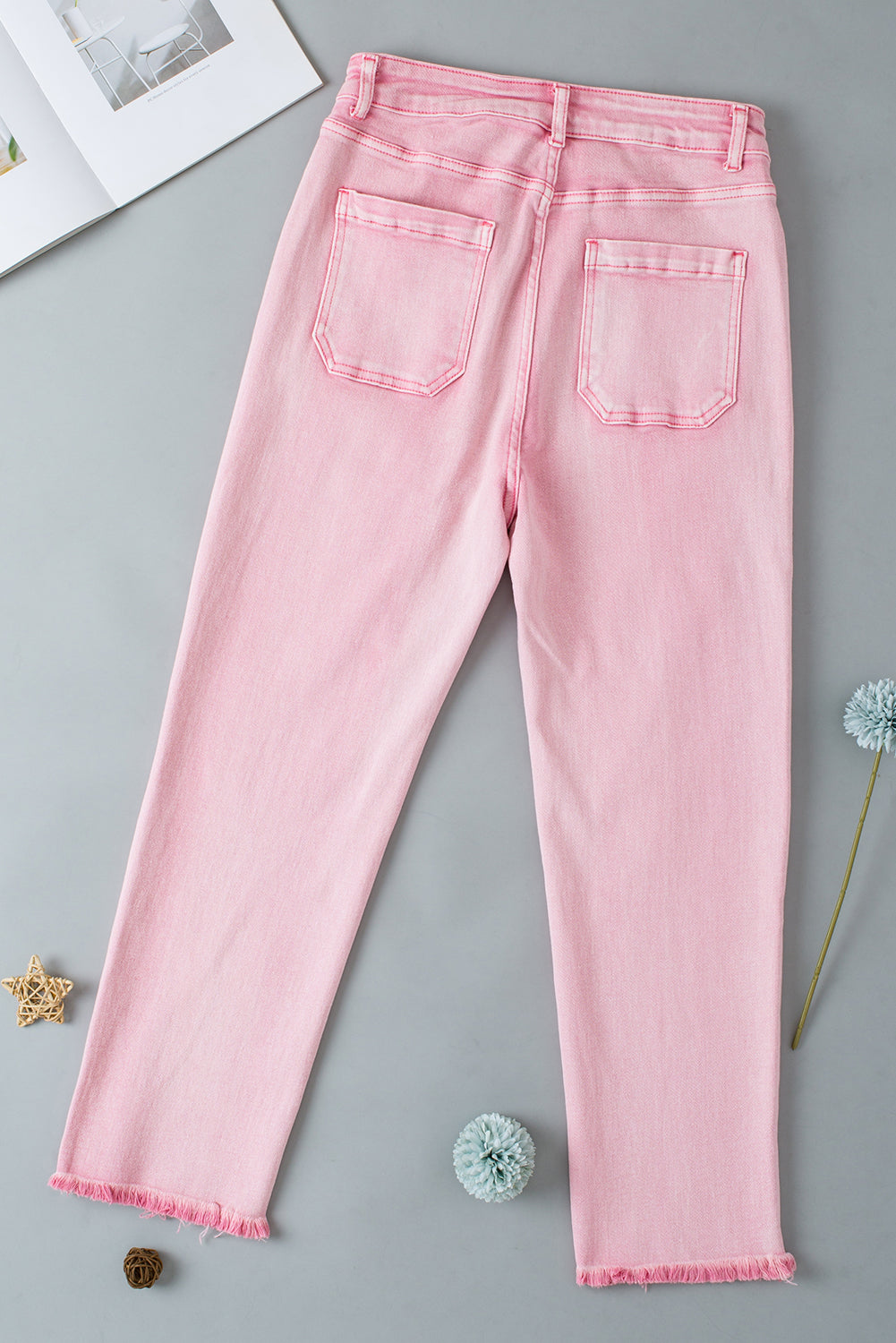 Apricot Pink Multi Buttons Raw Edge Crop Jeans Jeans JT's Designer Fashion