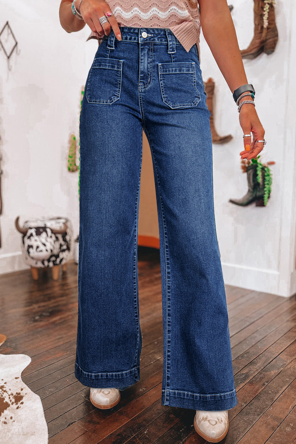 Sail Blue Wide Leg Pocketed High Waist Jeans Sail Blue 71%Cotton+27.5%Polyester+1.5%Elastane Jeans JT's Designer Fashion