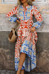 Orange Boho Geometric Printed Long Sleeve Long Dress Maxi Dresses JT's Designer Fashion