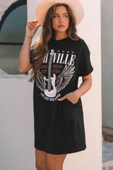 Black Nashville Guitar Print Crew Neck T Shirt Mini Dress T Shirt Dresses JT's Designer Fashion
