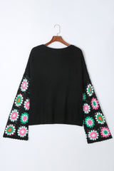 Black Floral Crochet Bell Sleeve Loose Sweater Sweaters JT's Designer Fashion