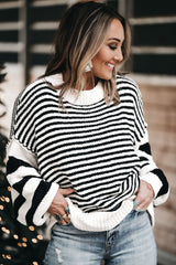 Black white Striped Drop Shoulder Bishop Sleeve Knit Sweater Sweaters JT's Designer Fashion