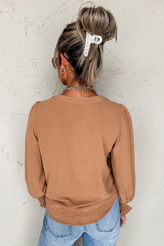 Straw Yellow Solid Color Shirred Cuff Notch V Neck Blouse Blouses & Shirts JT's Designer Fashion