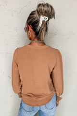 Straw Yellow Solid Color Shirred Cuff Notch V Neck Blouse Blouses & Shirts JT's Designer Fashion