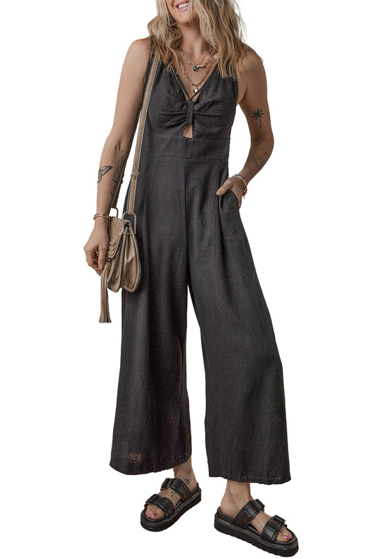 Black Front Cut Out Smocked Back Sleeveless Wide Leg Jumpsuit Bottoms JT's Designer Fashion