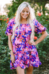 Purple Flower Print Short Puff Sleeve Ruffled Dress Floral Dresses JT's Designer Fashion