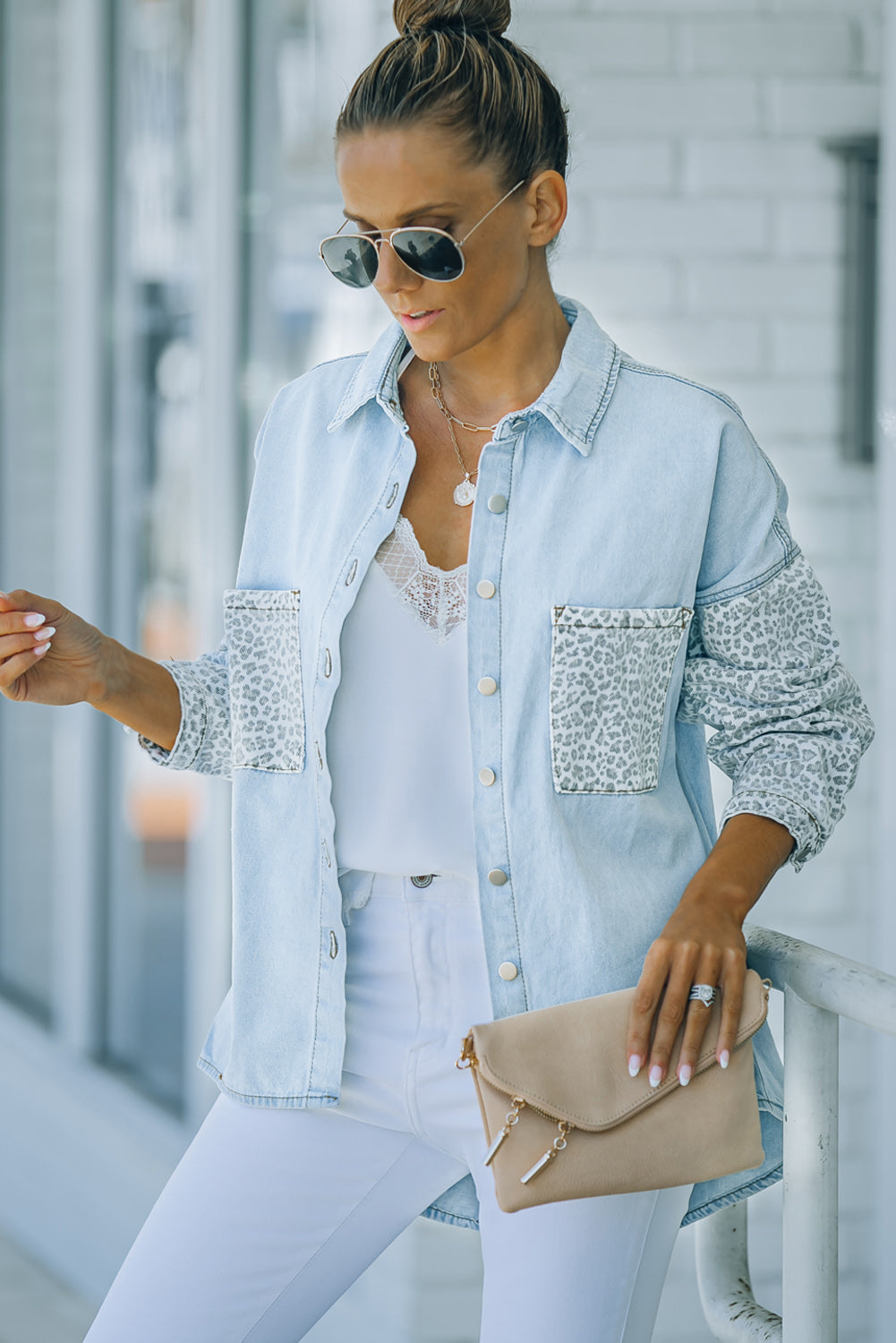 Sky Blue Contrast Leopard Denim Jacket Denim Jackets JT's Designer Fashion