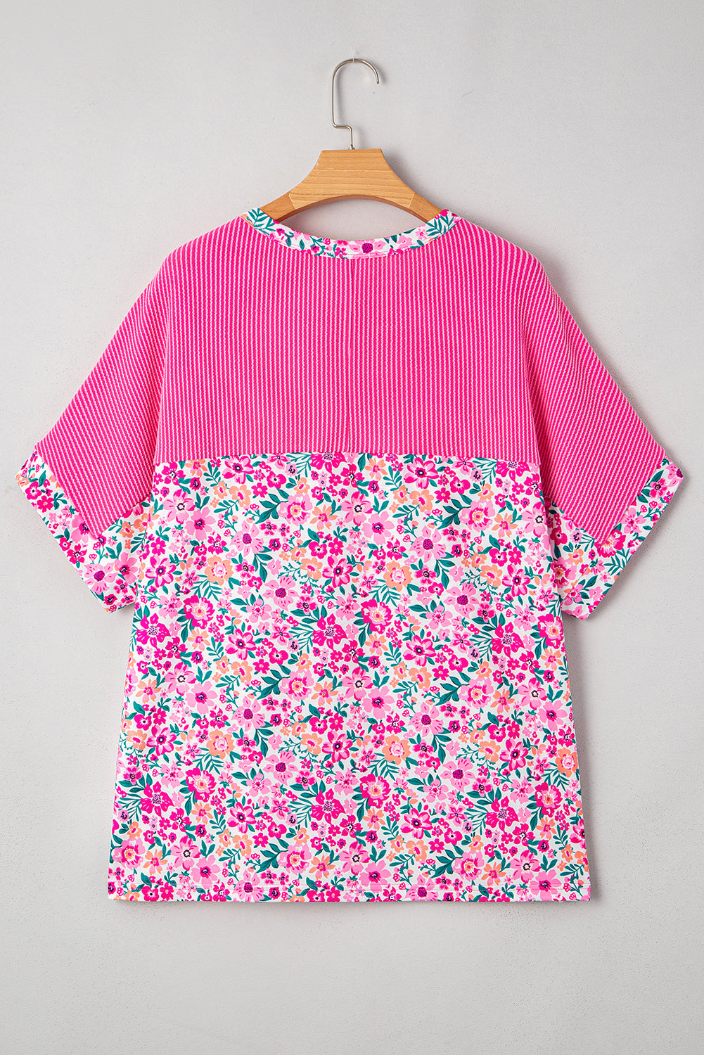 Pink Plus Size Floral Print Corded Patchwork Loose Top Plus Size Tops & Tees JT's Designer Fashion