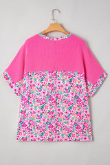 Pink Plus Size Floral Print Corded Patchwork Loose Top Plus Size Tops & Tees JT's Designer Fashion