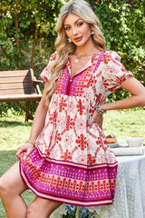Rose Boho Floral Short Sleeve Lace-up V Neck Mini Dress Dresses JT's Designer Fashion