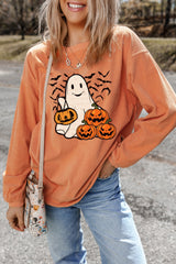 Orange Halloween Ghost Pumpkin Bat Print Corded Pullover Sweatshirt Graphic Sweatshirts JT's Designer Fashion