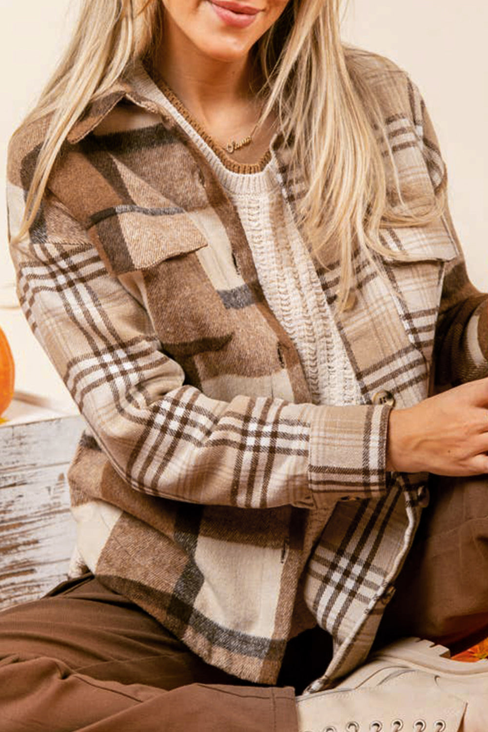 Light French Beige Flannel Plaid Double Flap Pocket Shacket Light French Beige 100%Polyester Plaid Shackets JT's Designer Fashion