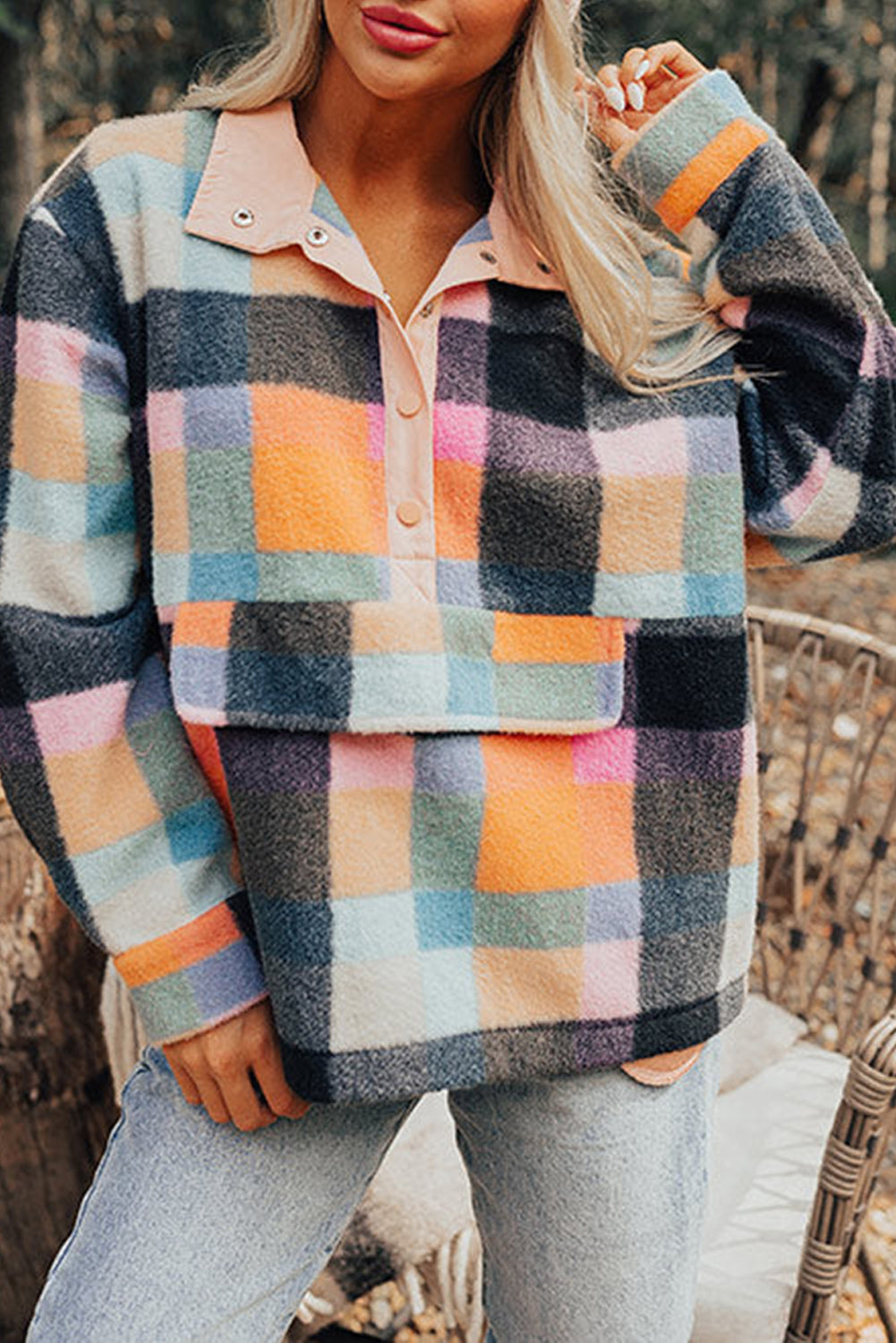 Black Plaid Print Pocketed Half Button Collared Sweatshirt Sweatshirts & Hoodies JT's Designer Fashion
