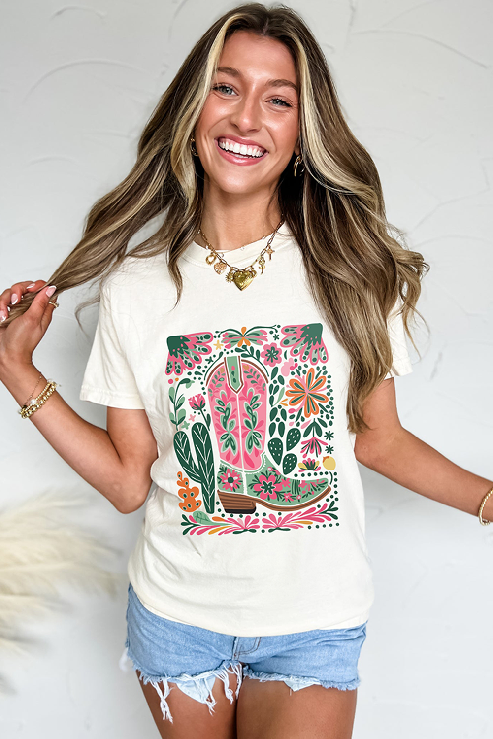 White Western Boot Flower Print Crew Neck Loose Tee Graphic Tees JT's Designer Fashion