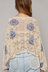 Beige Contrast Flower Print Eyelet Drop Shoulder Sweater Sweaters JT's Designer Fashion