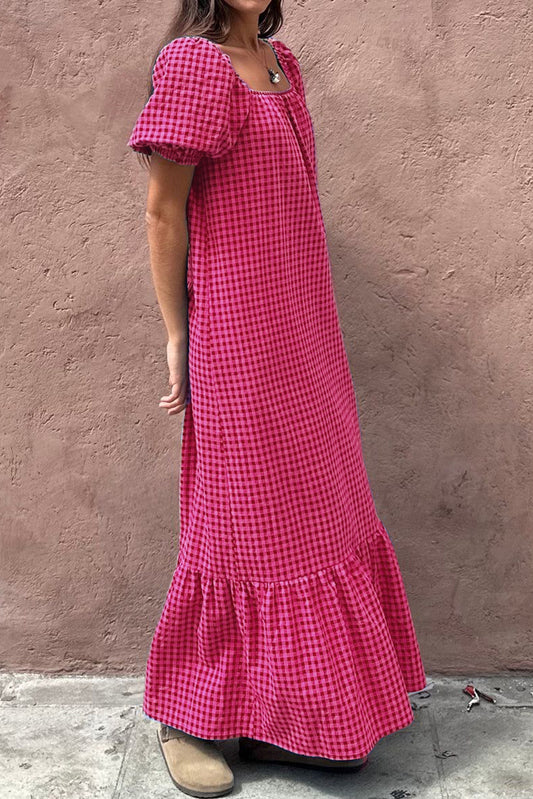 Rose Ginham Check Bubble Sleeve Ruffled Long Dress Maxi Dresses JT's Designer Fashion
