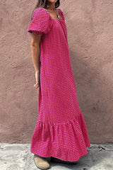 Rose Ginham Check Bubble Sleeve Ruffled Long Dress Maxi Dresses JT's Designer Fashion