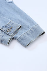 Sky Blue Sequin Embellished Fringe Distressed Denim Jacket Denim Jackets JT's Designer Fashion