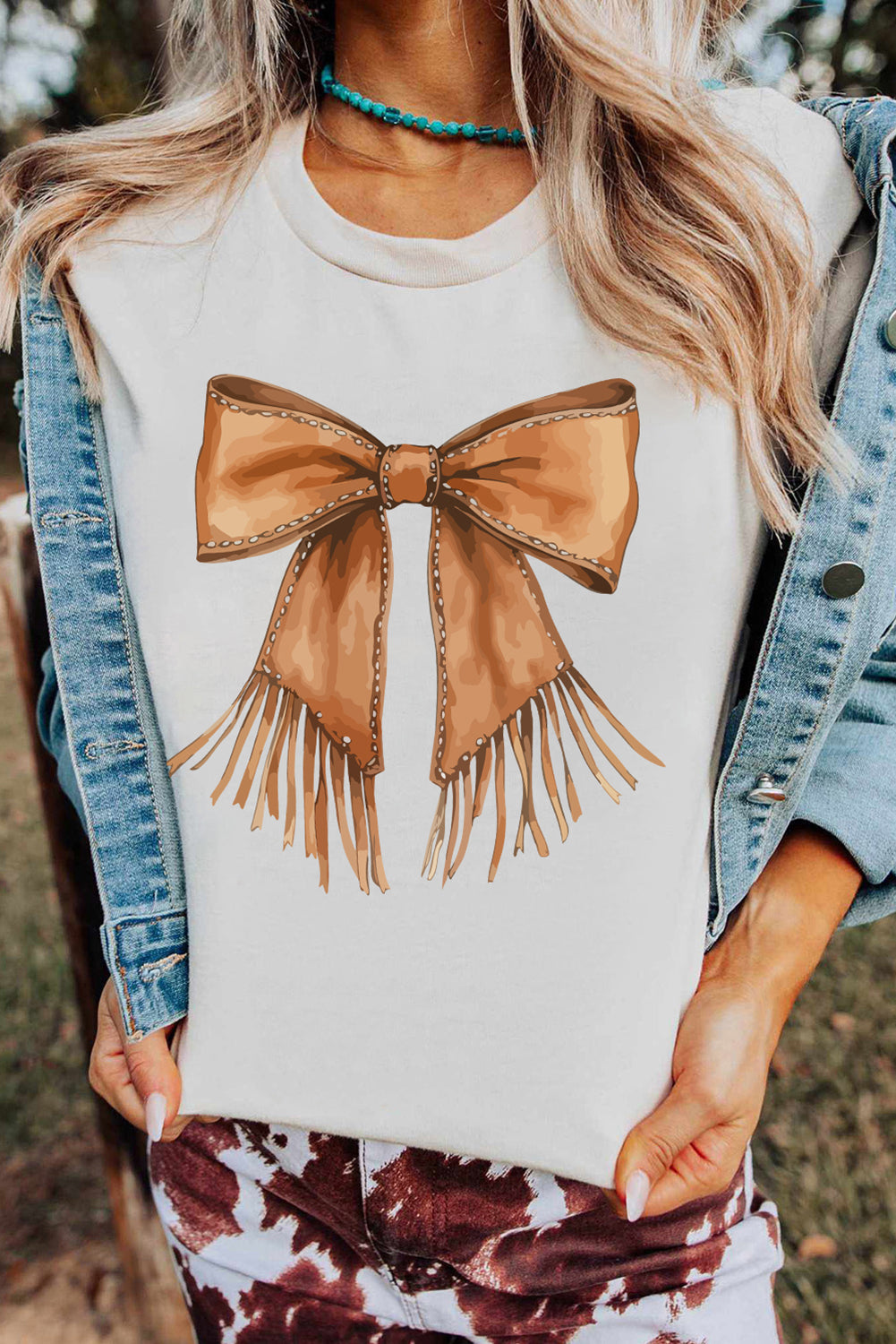 White Tassel Bowknot Print Round Neck Western Fashion T Shirt Graphic Tees JT's Designer Fashion