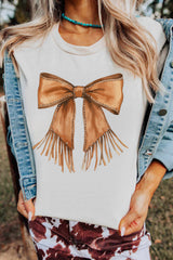 White Tassel Bowknot Print Round Neck Western Fashion T Shirt Graphic Tees JT's Designer Fashion