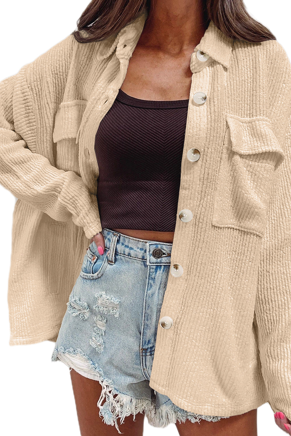 Apricot Solid Color Corduroy Buttoned Long Sleeve Shacket Jackets JT's Designer Fashion