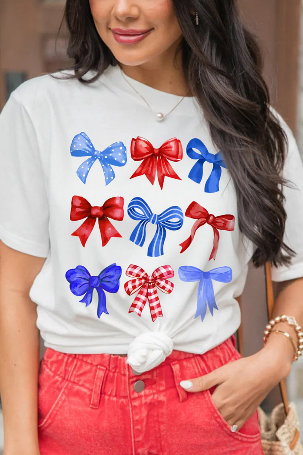 White USA Inspire Bow Print Crewneck Independence Day Tee Graphic Tees JT's Designer Fashion