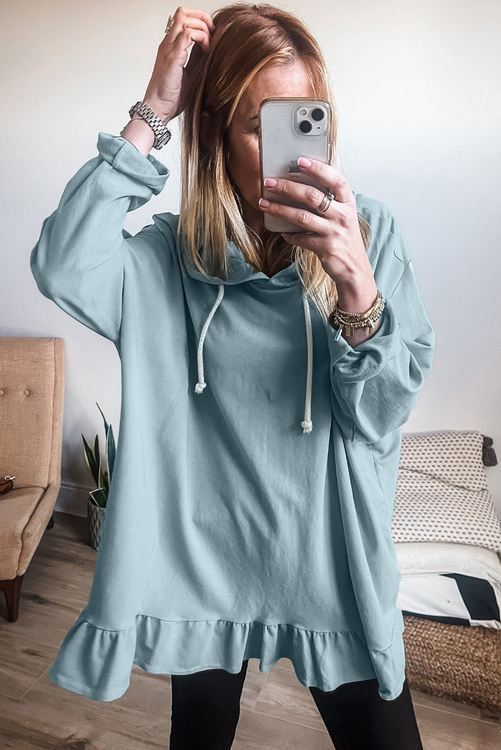 Iceland Blue Solid Ruffled Hem Loose Fit Tunic Hoodie Sweatshirts & Hoodies JT's Designer Fashion
