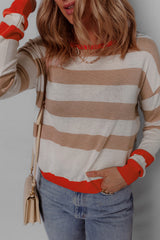 Apricot Colorblock Striped Round Neck Drop Shoulder Sweater Apricot 44%Polyester+30%Acrylic+20%Polyamide+6%Wool Sweaters JT's Designer Fashion