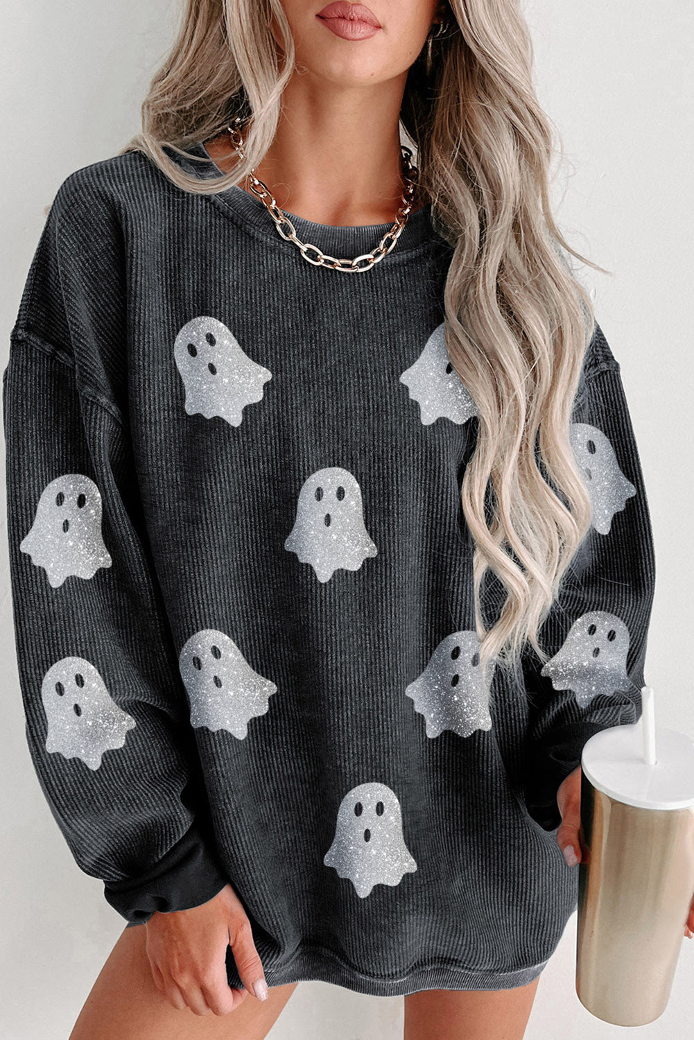 Black Halloween Ghost Corded Crew Neck Loose Sweatshirt Black 100%Polyester Graphic Sweatshirts JT's Designer Fashion