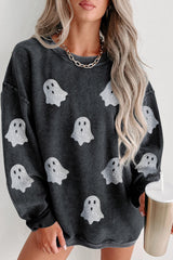 Black Halloween Ghost Corded Crew Neck Loose Sweatshirt Black 100%Polyester Graphic Sweatshirts JT's Designer Fashion