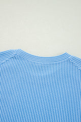 Blue Solid Corded Knit Short Sleeve T Shirt and Wide Leg Pants Set Pant Sets JT's Designer Fashion