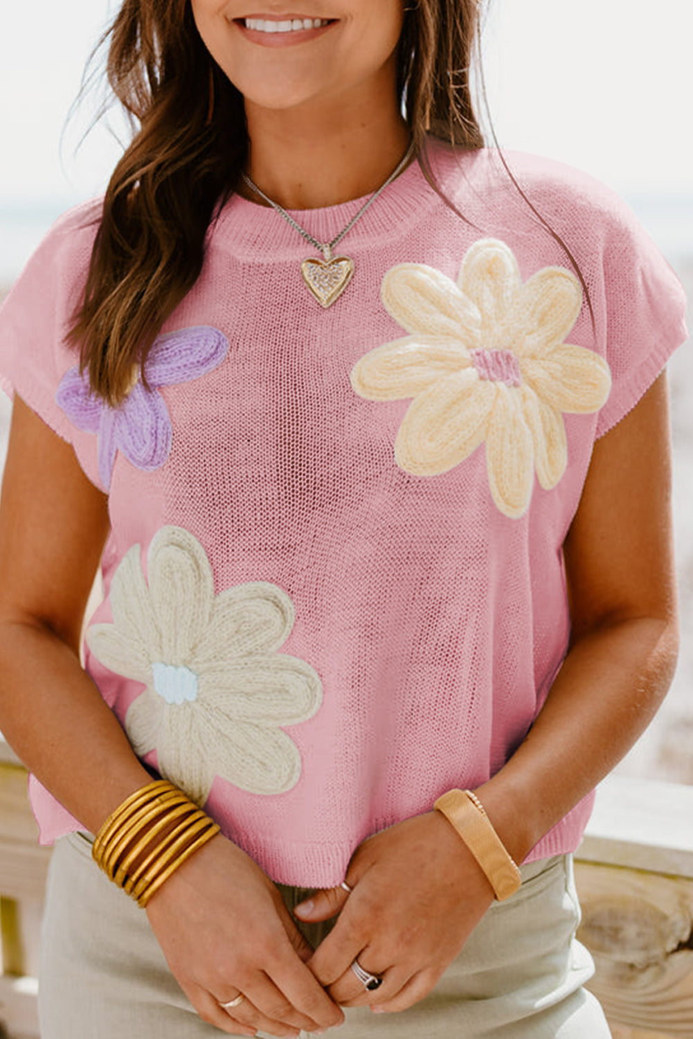 Pink Big Flower Knit Short Sleeve Sweater Sweaters & Cardigans JT's Designer Fashion