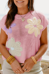 Pink Big Flower Knit Short Sleeve Sweater Sweaters & Cardigans JT's Designer Fashion