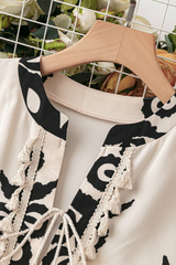 Beige Western Pattern Print Tasseled Notch V Neck Mini Dress Mini Dresses JT's Designer Fashion
