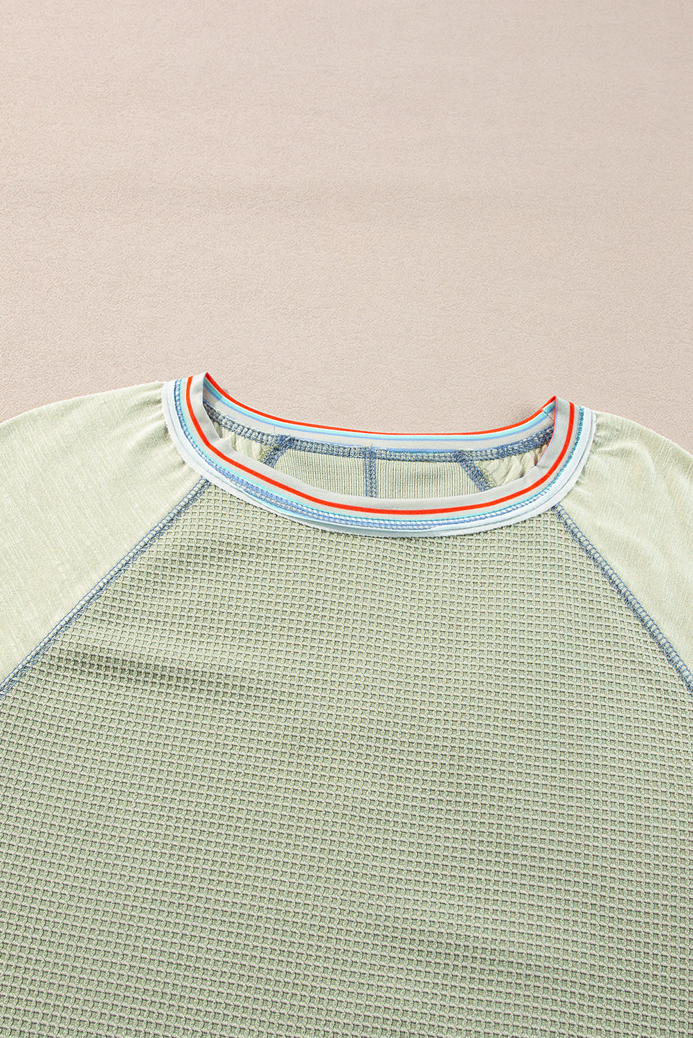 Meadow Mist Green Waffle Knit Wide Bracelet Sleeve Patchwork Raglan Top Long Sleeve Tops JT's Designer Fashion