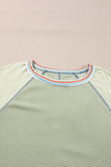 Meadow Mist Green Waffle Knit Wide Bracelet Sleeve Patchwork Raglan Top Long Sleeve Tops JT's Designer Fashion