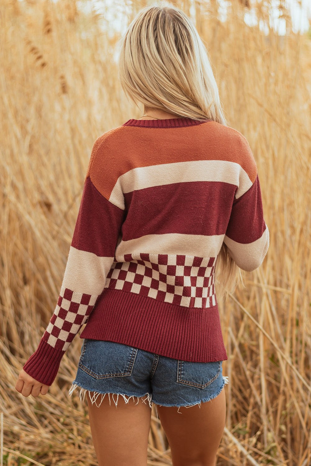 Brown Checkered Color Block Knitted Drop Shoulder Sweater Sweaters JT's Designer Fashion