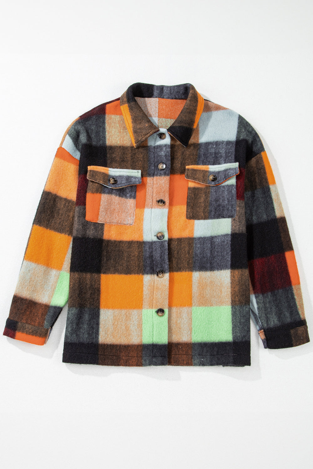 Orange Plaid Print Flap Pocket Long Jacket Jackets JT's Designer Fashion