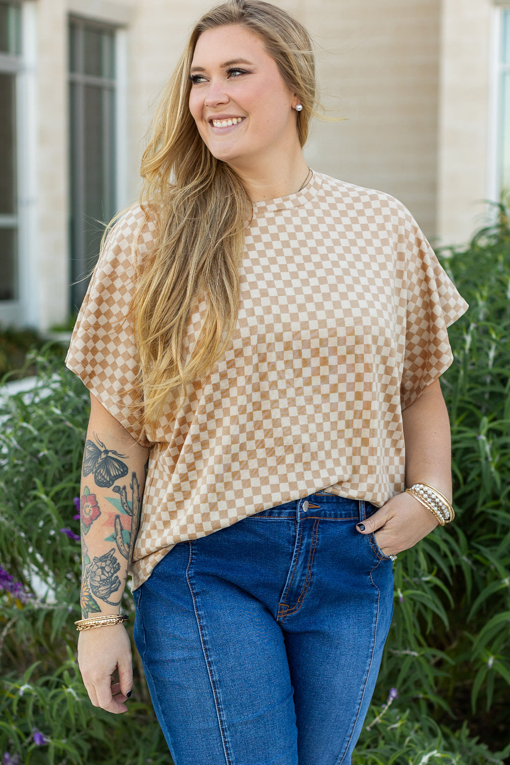 Khaki Checkerboard Short Batwing Sleeve Round Neck Plus Size T Shirt Khaki 90%Polyester+10%Elastane Plus Size Tops & Tees JT's Designer Fashion