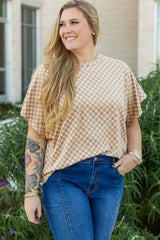 Khaki Checkerboard Short Batwing Sleeve Round Neck Plus Size T Shirt Khaki 90%Polyester+10%Elastane Plus Size Tops & Tees JT's Designer Fashion