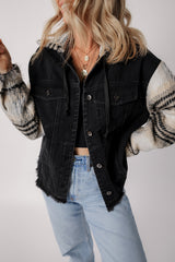 Black Plaid Sleeve Frayed Hem Hooded Denim Jacket Denim Jackets JT's Designer Fashion