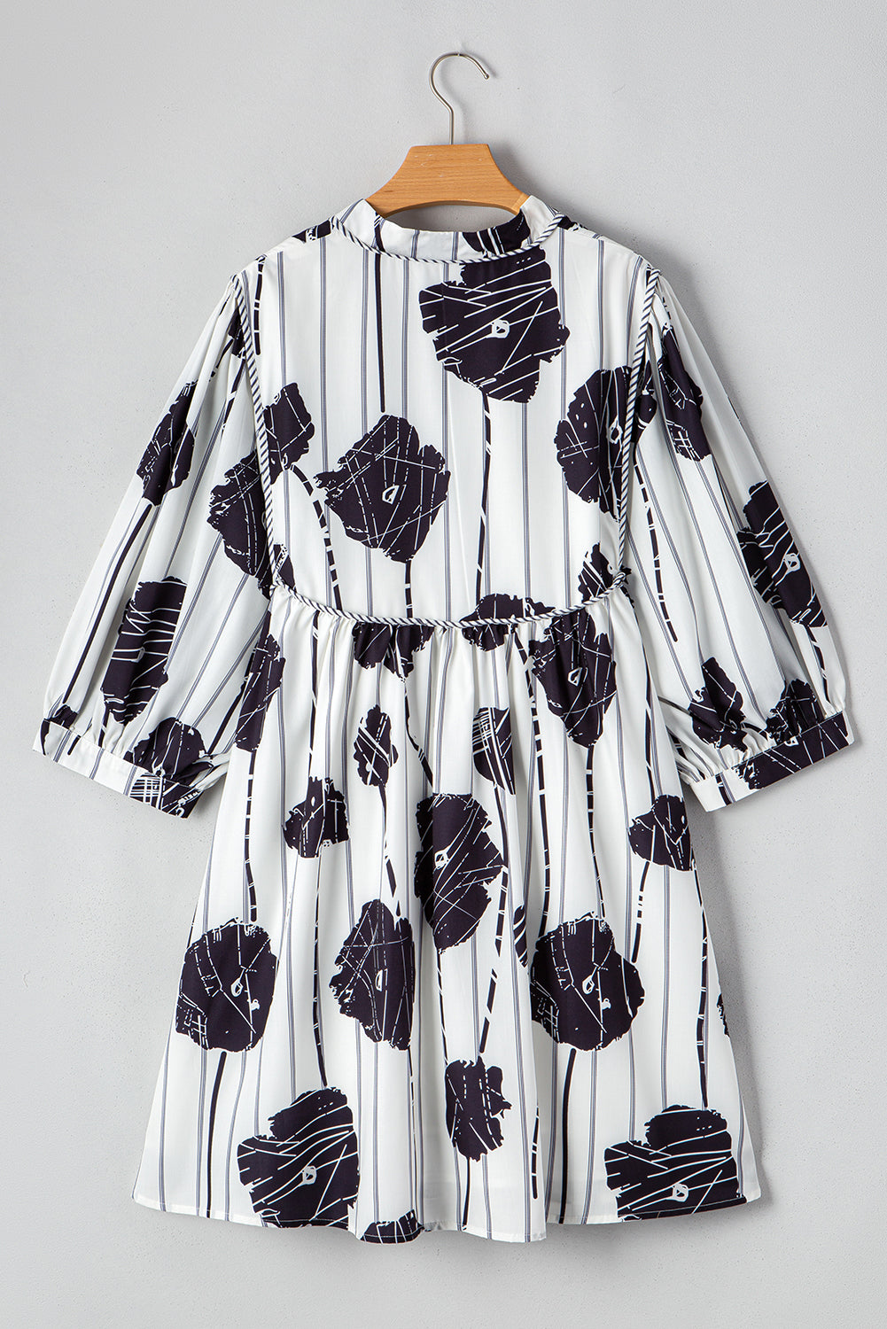 Black Plus Size Floral 3/4 Puff Sleeve Lace-up Neck Mini Dress Plus Size Mini Dresses JT's Designer Fashion