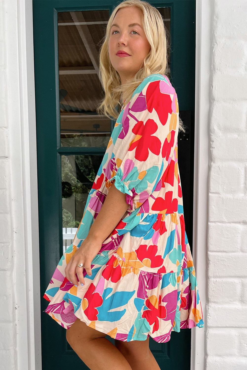 Rose Red Floral Bubble Sleeve V Neck Tiered Ruffle Babydoll Dress Floral Dresses JT's Designer Fashion