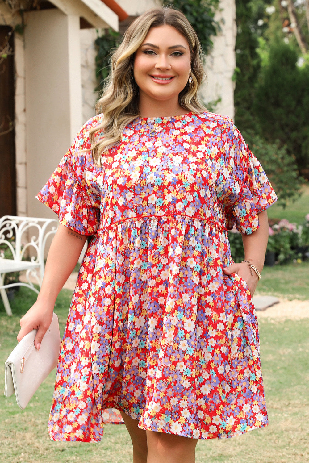 Red Dainty Flower Printed Plus Size Short Sleeve Shift Dress Plus Size Mini Dresses JT's Designer Fashion