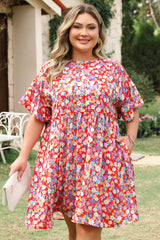 Red Dainty Flower Printed Plus Size Short Sleeve Shift Dress Plus Size Mini Dresses JT's Designer Fashion