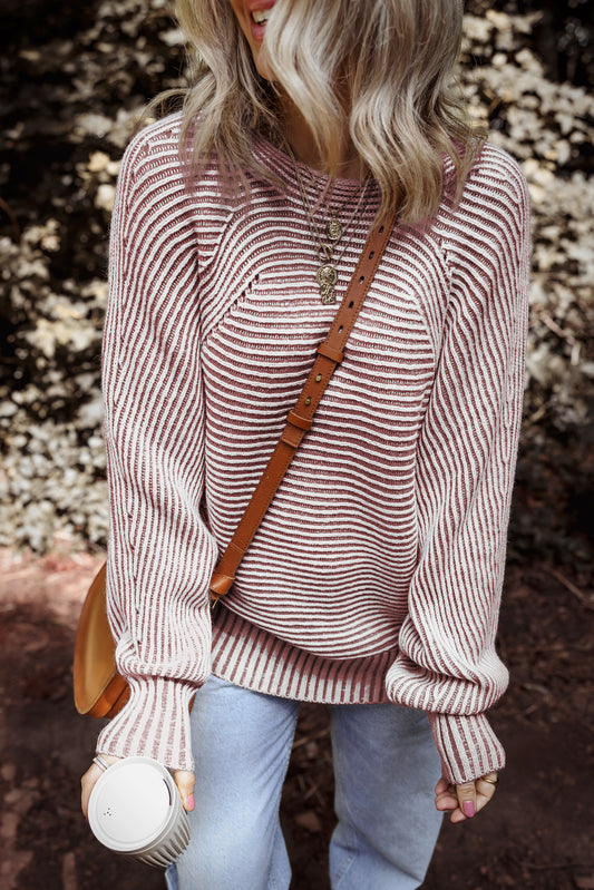Red Dahlia Striped Print Ribbed Knit Boat Neck Baggy Sweater Sweaters JT's Designer Fashion