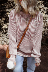 Red Dahlia Striped Print Ribbed Knit Boat Neck Baggy Sweater Sweaters JT's Designer Fashion
