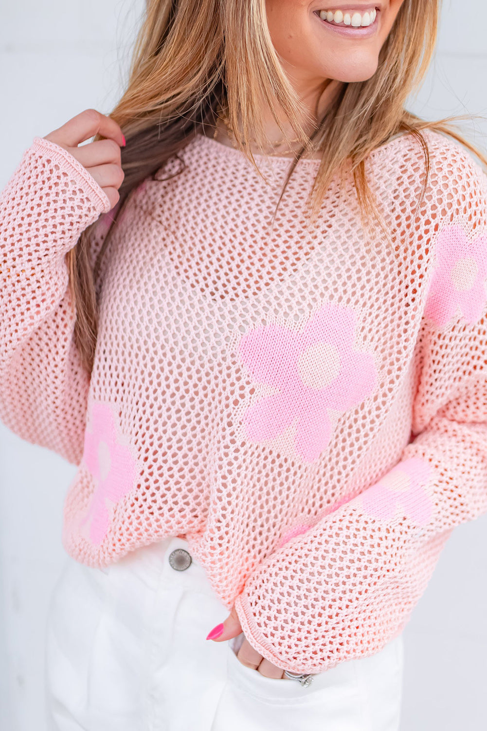 Light Pink Big Flower Hollowed Knit Drop Shoulder Sweater Sweaters & Cardigans JT's Designer Fashion